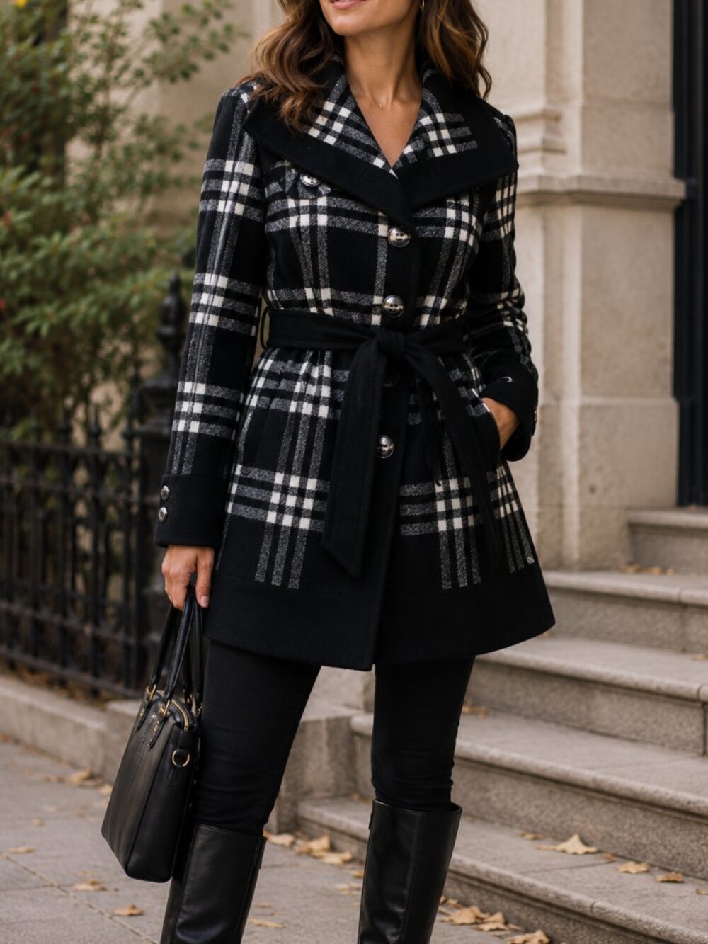 Black Rivet Black White Plaid Wool Blend Belted Trench Coat 1X
